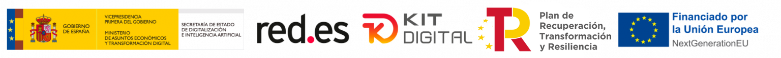Logotipo Kit Digital, Gobierno de España, red.es, Plan de 
Recuperación, Transformación y Resiliencia y Financiado por la 
Unión Europea NextGenerationEU